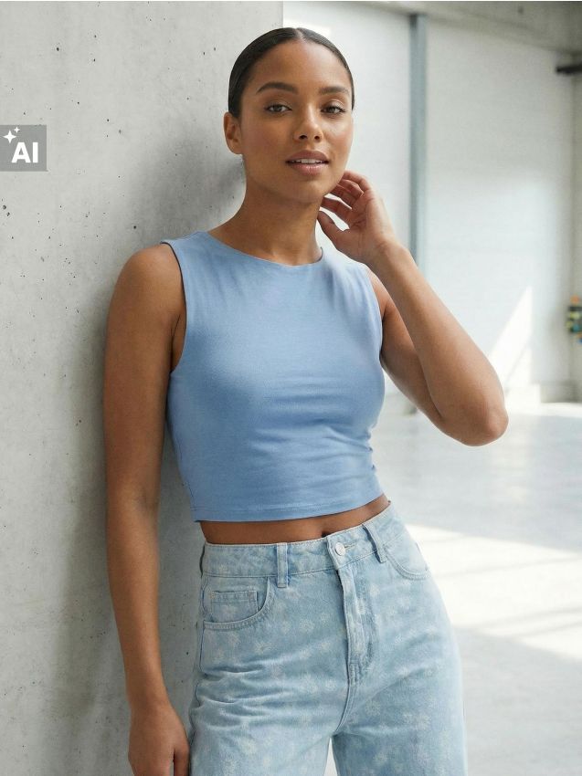 Sinsay - Crop top basic din bumbac - albastru-violet