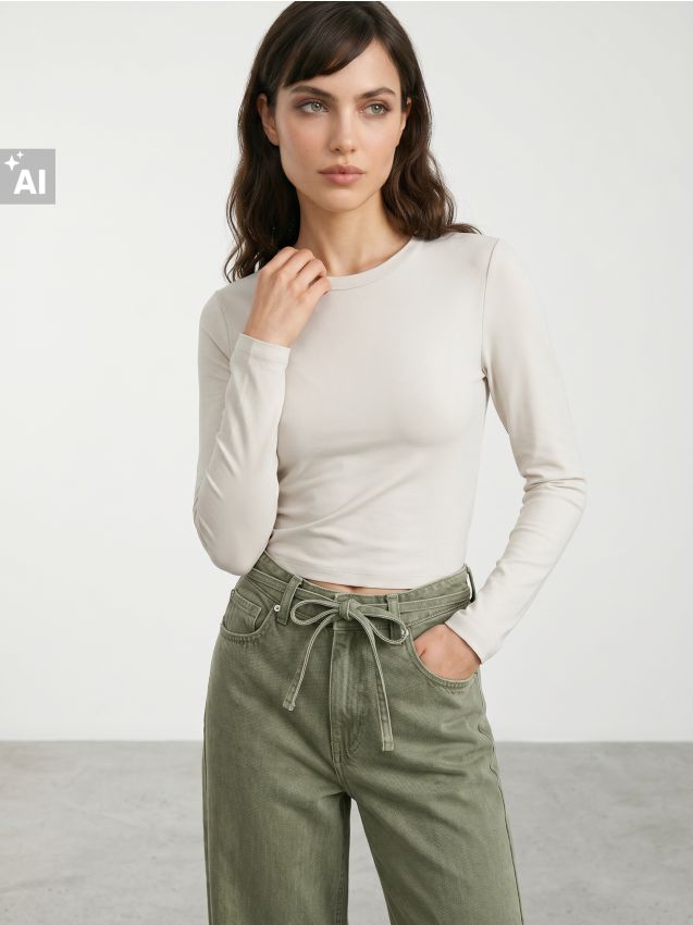 Sinsay - Tricou slim fit din bumbac cu mânecă lungă - nude