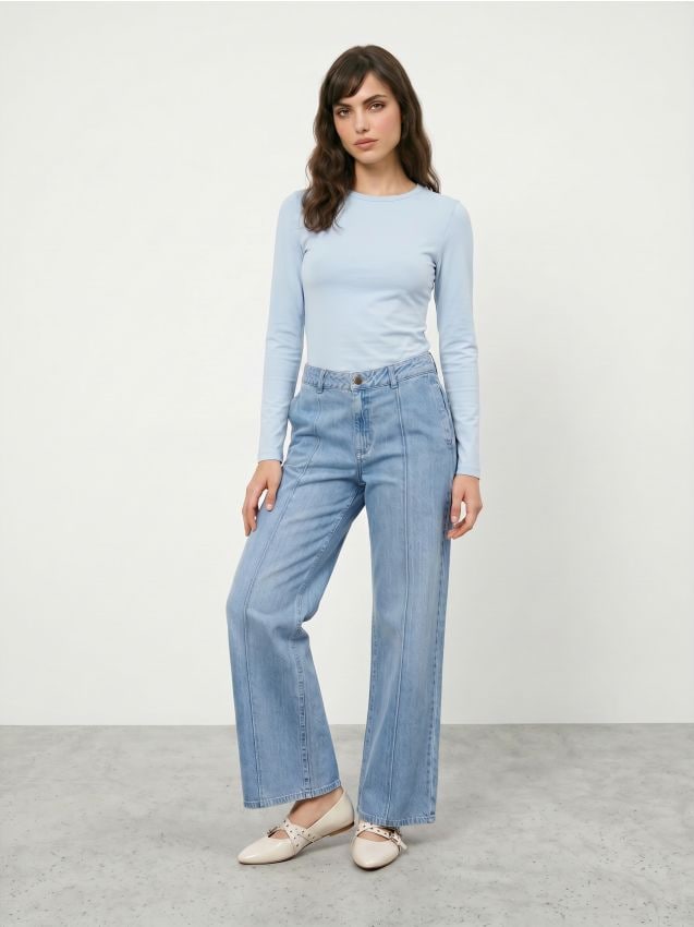 Sinsay - Tricou slim fit din bumbac cu mânecă lungă - albastru-pal