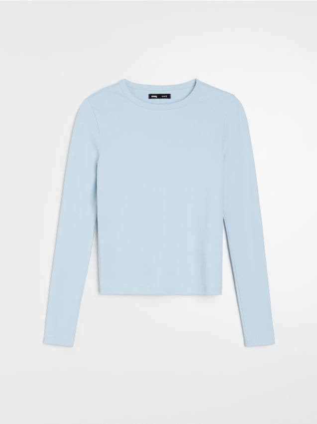 Sinsay - Tricou slim fit din bumbac cu mânecă lungă - albastru-pal
