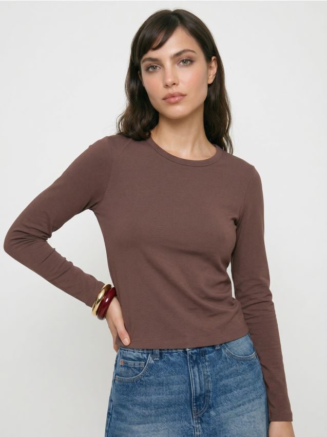 Sinsay - Tricou slim fit din bumbac cu mânecă lungă - maro