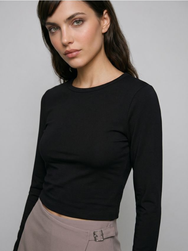 Sinsay - Tricou slim fit din bumbac cu mânecă lungă - negru