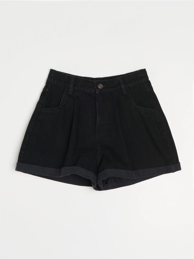 Sinsay - Șorturi din denim mom cu talie înaltă cu pliuri - negru