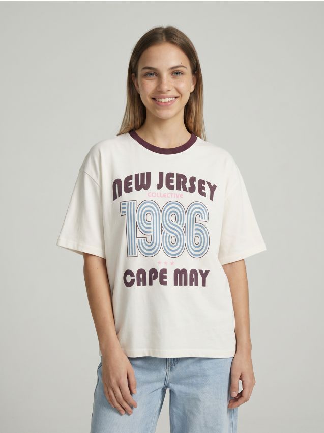 Sinsay - Tricou din bumbac cu inscripție - crem
