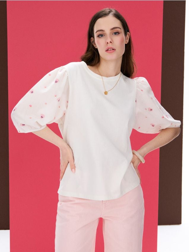 Sinsay - Bluză din bumbac cu mânecă bufantă - nude