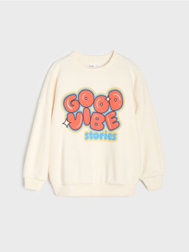 Sinsay - Hanorac din bumbac crewneck cu imprimeu - crem