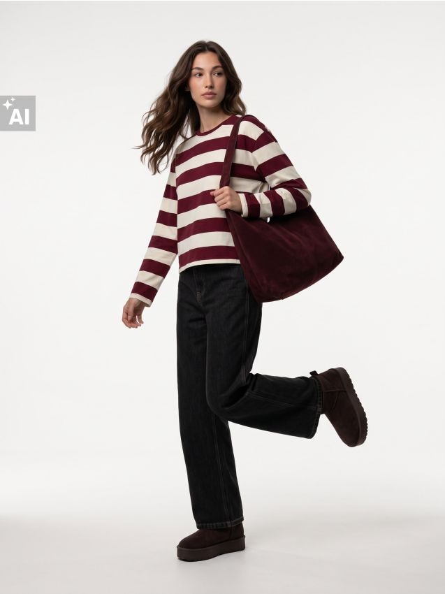 Sinsay - Tricou din bumbac cu mânecă lungă în dungi - bordo