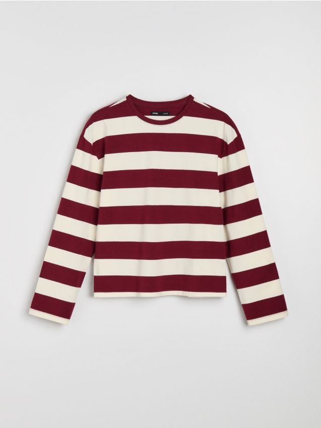 Sinsay - Tricou din bumbac cu mânecă lungă în dungi - bordo