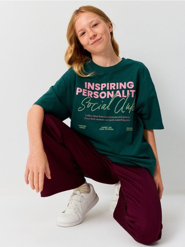 Sinsay - Tricou din bumbac cu inscripție - verde