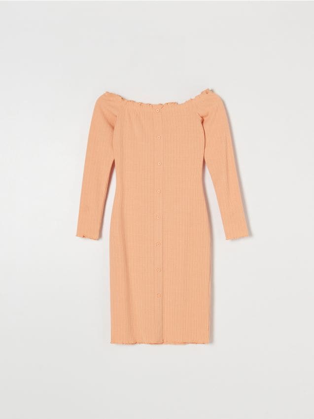 Sinsay - Rebrované midi šaty s odhalenými ramenami a gombíkmi - oranžová