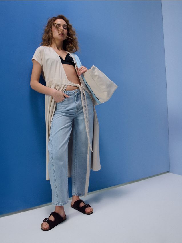 Sinsay - Blugi balloon cu cusături decorative - albastru