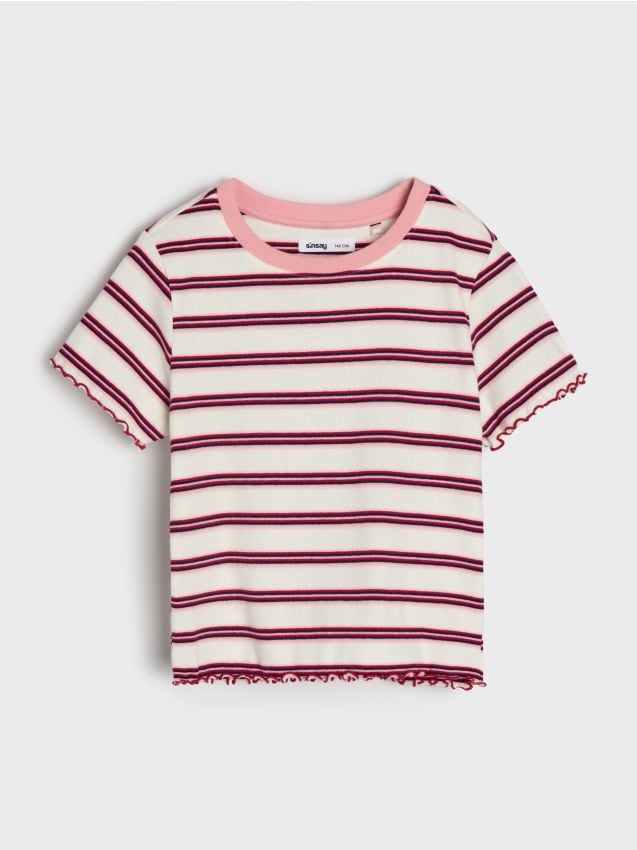 Sinsay - Tricou din bumbac în dungi - roz-pastel