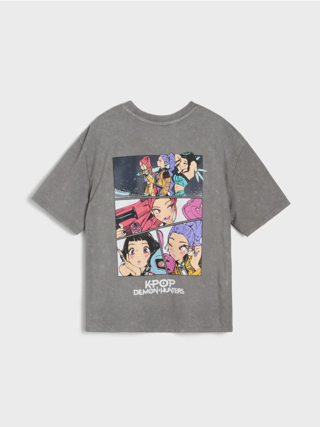 Sinsay - Tricou din bumbac cu imprimeu K-Pop Demon Hunters - gri-închis