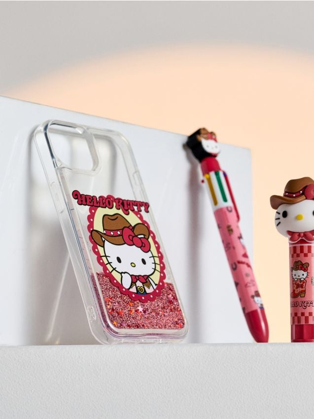Sinsay - Husă pentru iPhone 15 cu sclipici și motiv cowboy Hello Kitty - roșu