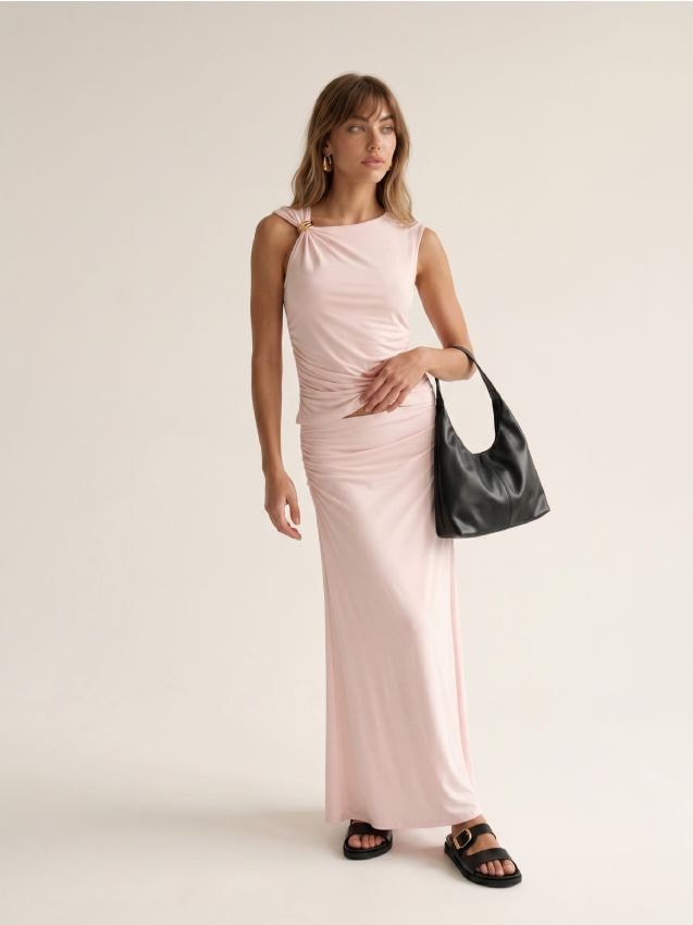 Sinsay - Set: top drapat și fustă maxi - roz-pastel