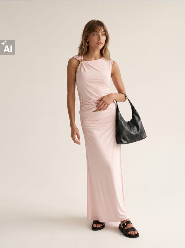 Sinsay - Set: top drapat și fustă maxi - roz-pastel