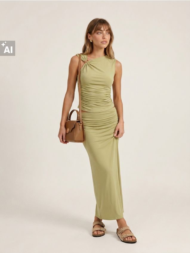 Sinsay - Set: top drapat și fustă maxi - verde-deschis