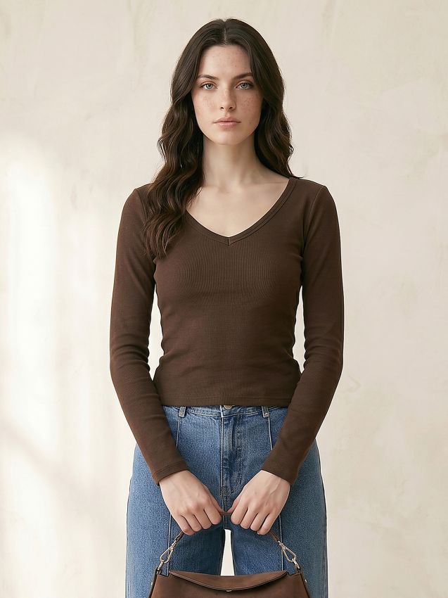 Sinsay - Tricou din bumbac, cu mânecă lungă - maro
