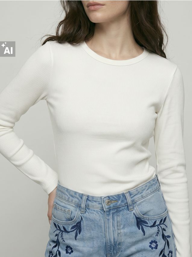 Sinsay - Tricou din bumbac reiat cu mânecă lungă - crem