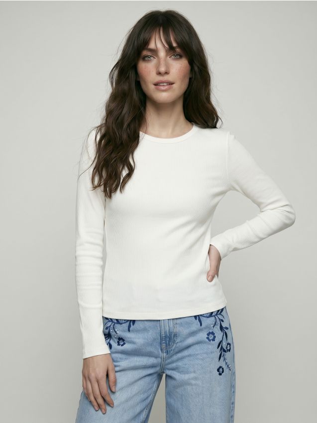 Sinsay - Tricou din bumbac reiat cu mânecă lungă - crem