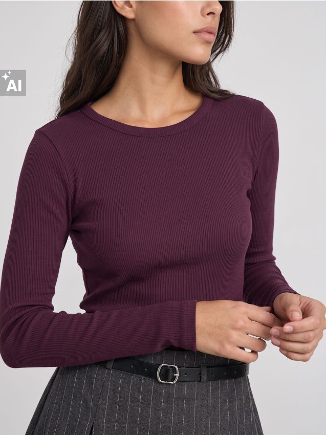 Sinsay - Tricou din bumbac reiat cu mânecă lungă - mahon