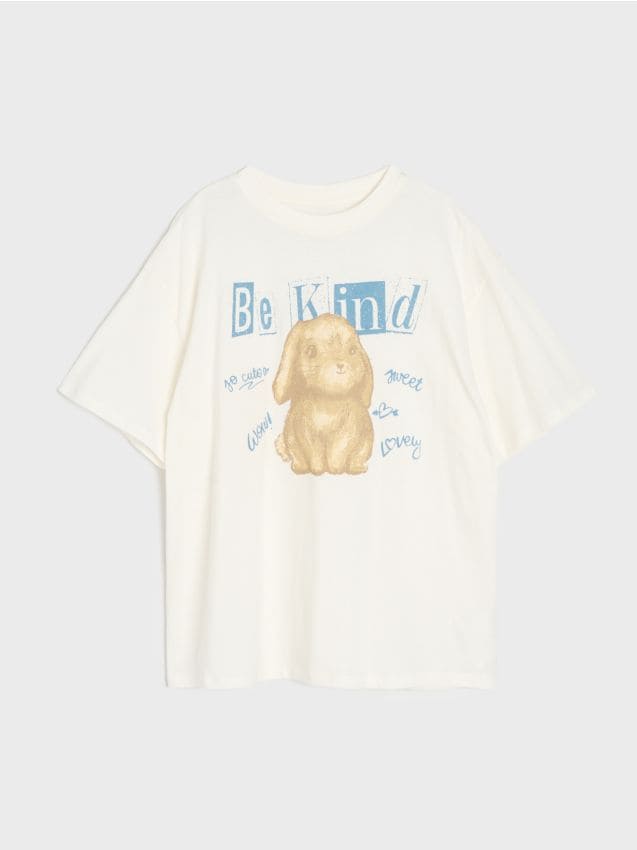 Sinsay - Tricou din bumbac cu imprimeu iepure - crem