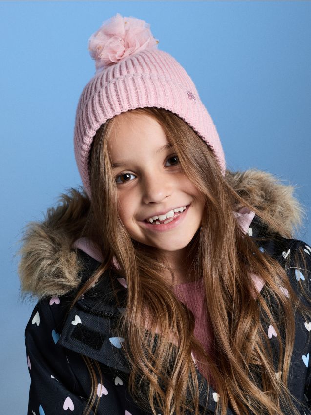 Sinsay - Căciulă beanie reiată cu viscoză și pompon - roz-piersică