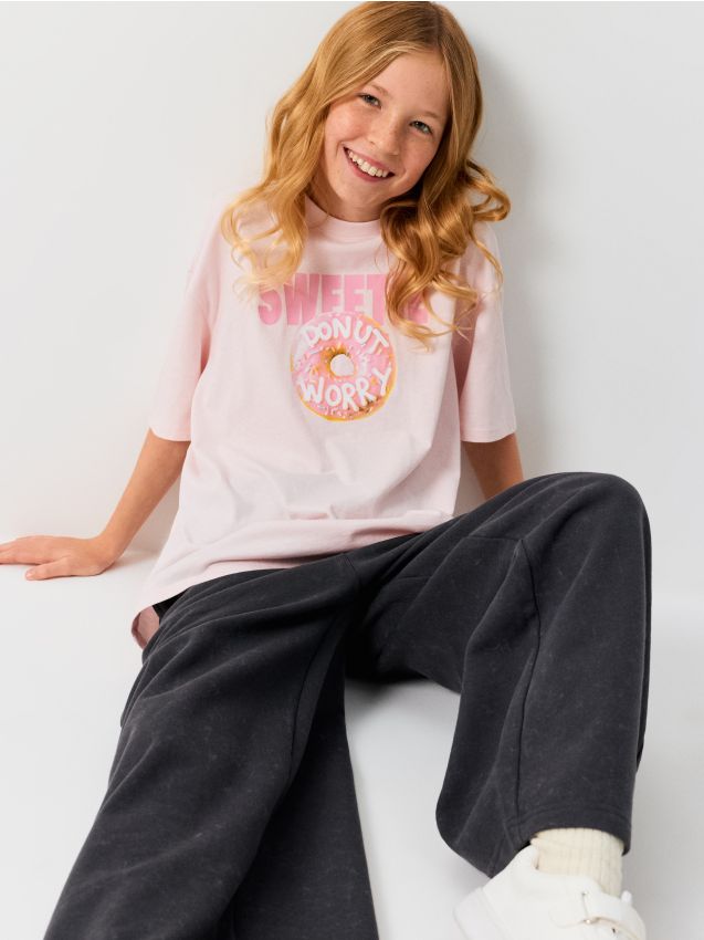 Sinsay - Tricou din bumbac cu imprimeu gogoșă - roz-pastel