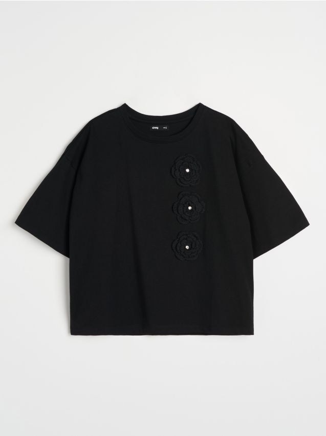 Sinsay - Bawełniana koszulka z aplikacją 3D - czarny