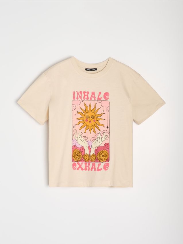 Sinsay - Bavlnené oversize tričko s potlačou - telová