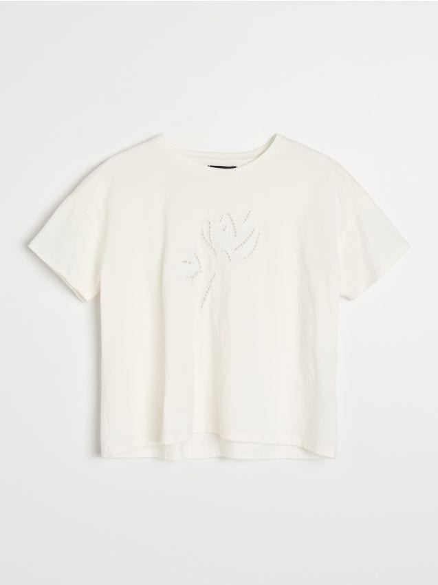 Sinsay - Tricou din bumbac cu broderie florală - crem