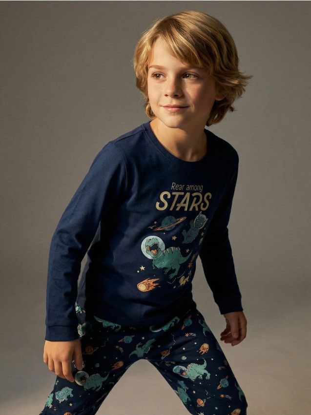 Sinsay - Bawełniana piżama dwuczęściowa w dinozaury - granatowy