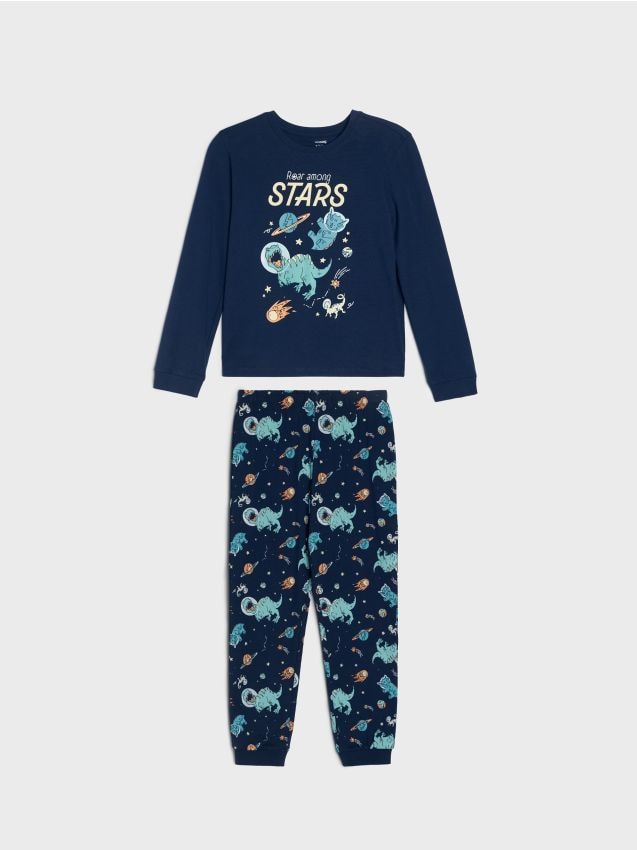 Sinsay - Bawełniana piżama dwuczęściowa w dinozaury - granatowy