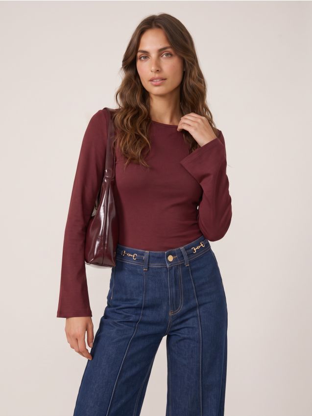 Sinsay - Tricou din bumbac, cu mânecă lungă - roșu-aprins