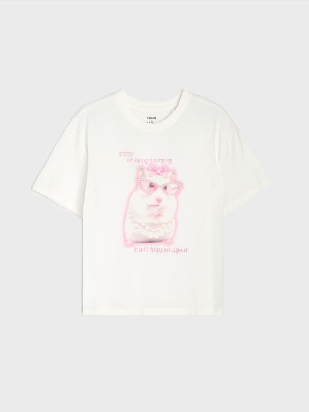 Sinsay - Tricou din bumbac cu imprimeu hamster - crem