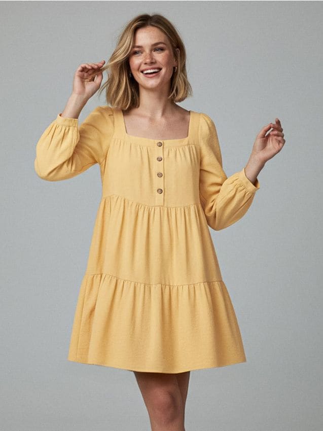 Sinsay - Rozšírené mini šaty so štvorcovým výstrihom a gombíkmi vpredu - pšenicová