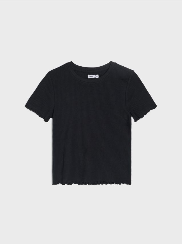 Sinsay - Prążkowana koszulka z ozdobnymi falbankami - czarny