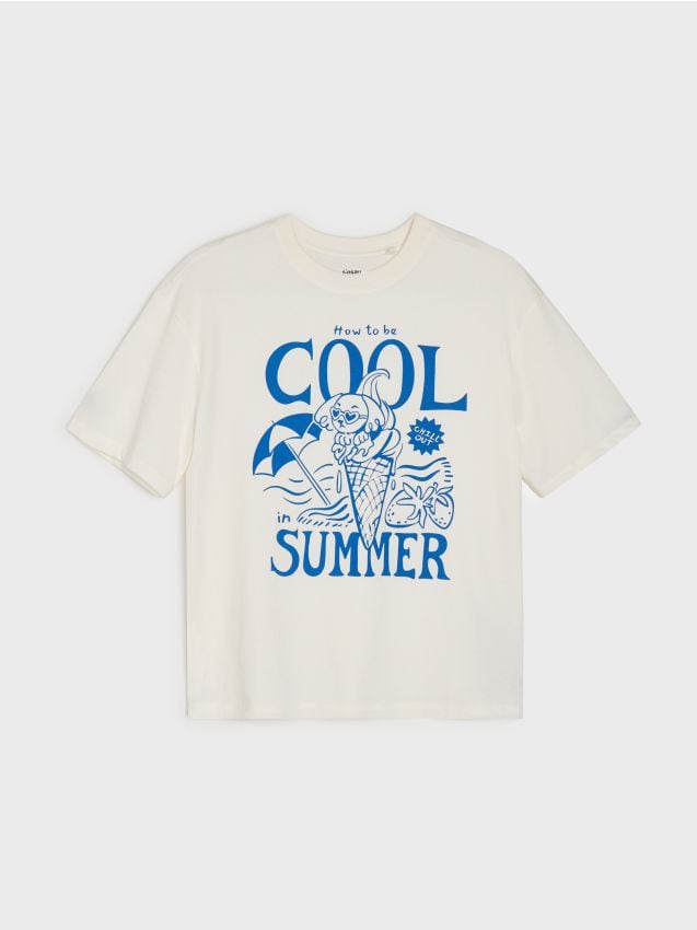 Sinsay - Tricou din bumbac cu imprimeu de vacanță - crem