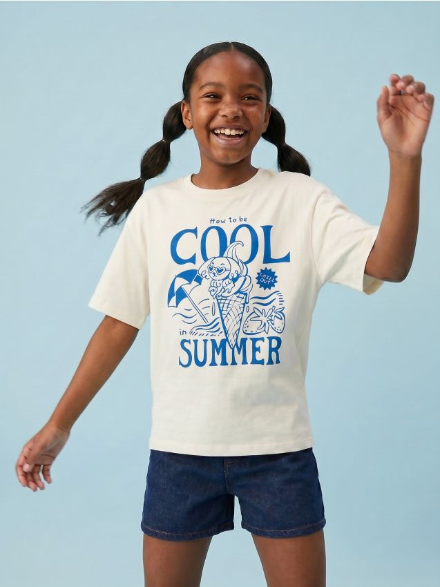 Sinsay - Tricou din bumbac cu imprimeu de vacanță - crem