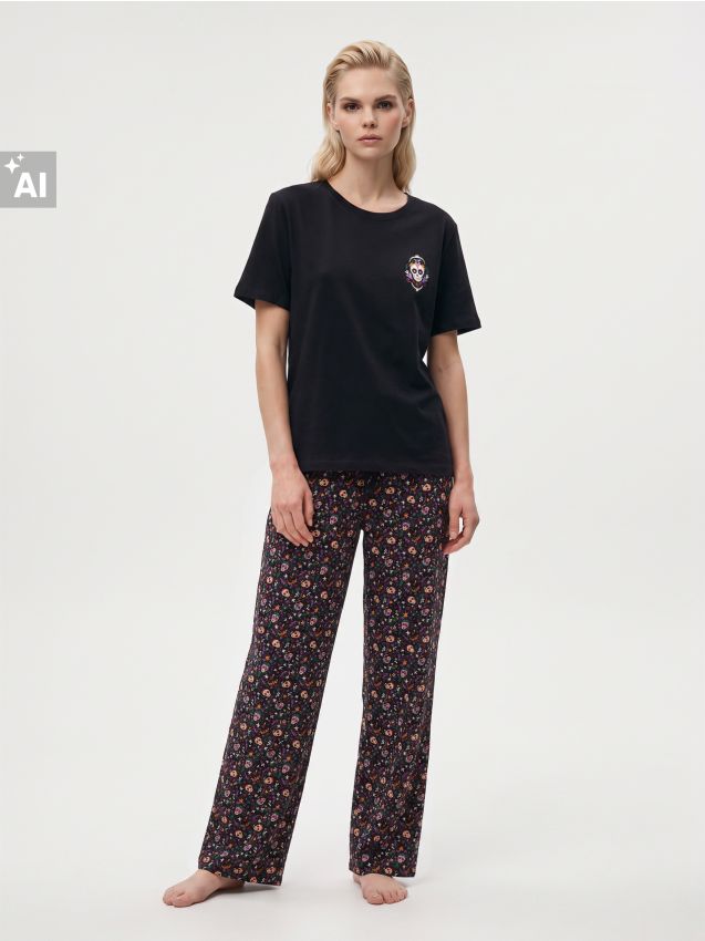 Sinsay - Pijama din bumbac din două piese cu motiv de Halloween - negru