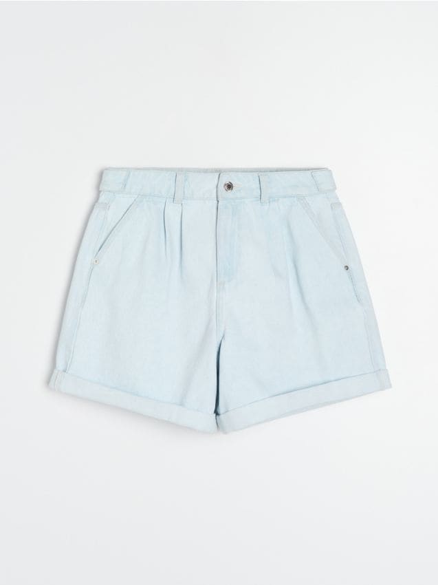 Sinsay - Szorty jeansowe bermudy high waist z zakładkami - niebieski