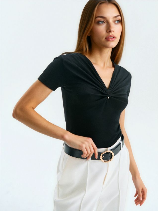 Sinsay - Tricou din viscoză cu mâneci scurte - negru