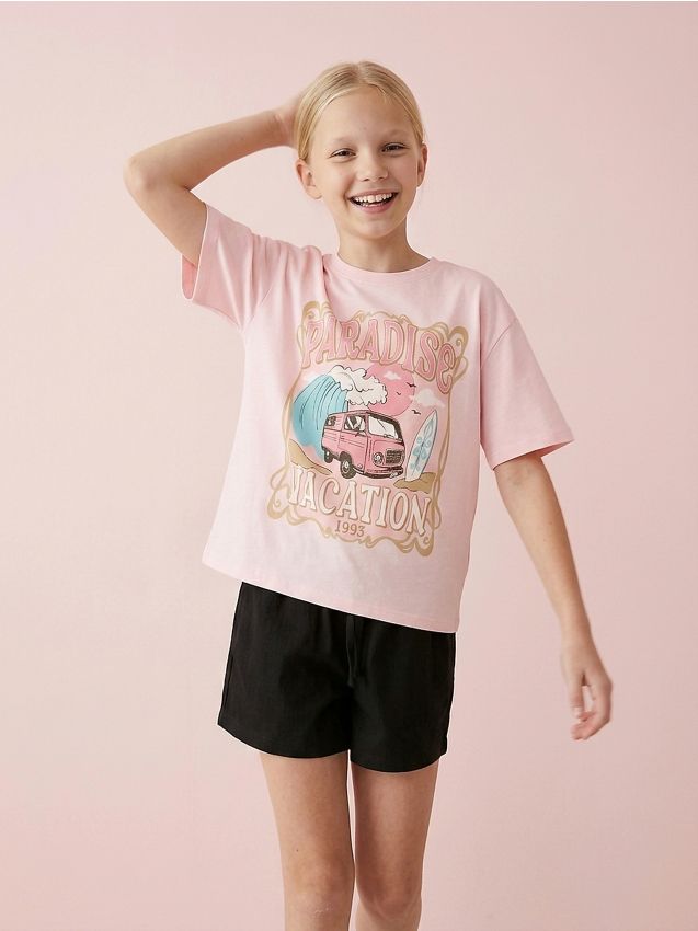 Sinsay - Tricou din bumbac cu imprimeu de vacanță - roz-pastel