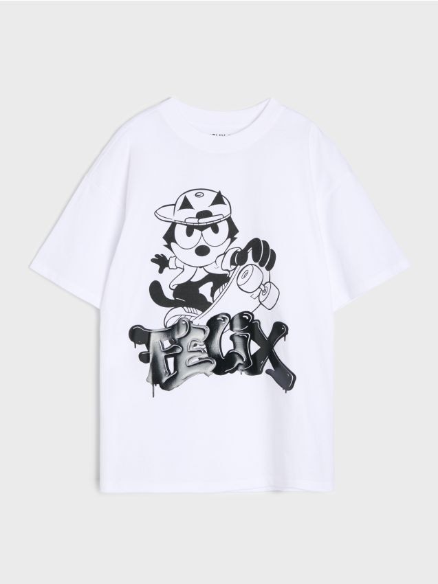 Sinsay - Tricou oversize din bumbac cu imprimeu Felix the Cat - alb