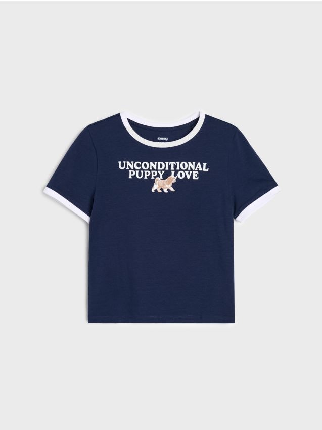 Sinsay - Tricou din bumbac cu imprimeu cu câine - bleumarin