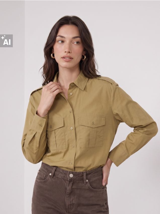 Sinsay - Cămașă din bumbac în stil safari cu epoleti - verde-oliv deschis