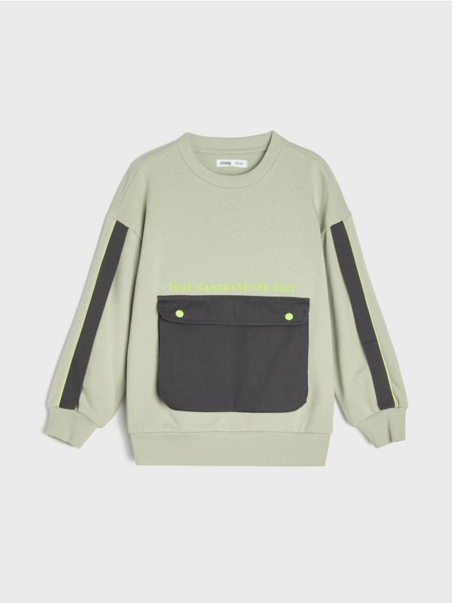 Sinsay - Hanorac crewneck cu buzunar tip cangur - verde-oliv deschis