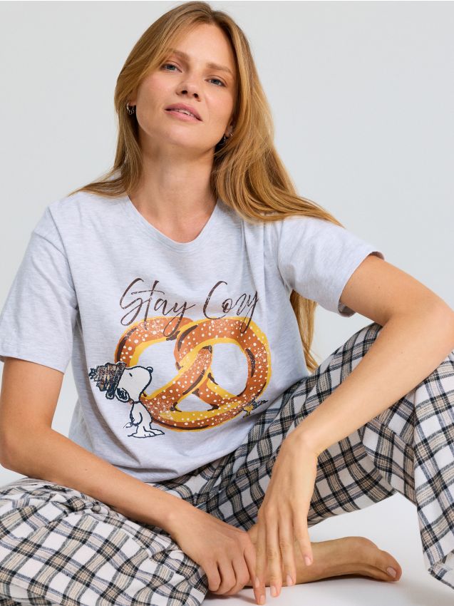 Sinsay - Pijama din două piese cu bumbac în carouri Snoopy - gri deschis