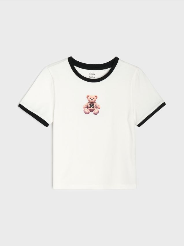 Sinsay - Tricou din bumbac cu imprimeu cu ursuleț - crem