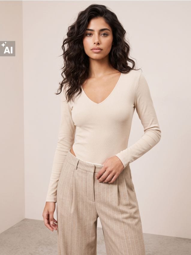 Sinsay - Body din bumbac, cu mânecă lungă - bej